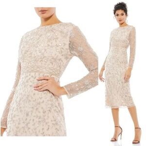 Mac Duggal 10812 Porcelain Beaded Tea Length Dress Sheer Sleeves $498